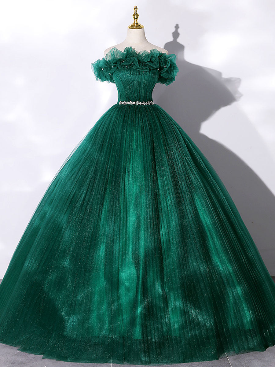 Green tulle off shoulder long prom dress, green tulle sweet 16 dress dresstby Green tulle off shoulder long prom dress, green tulle sweet 16 dress dresstby