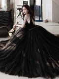 Black A line tulle beads long prom dress, black evening dress