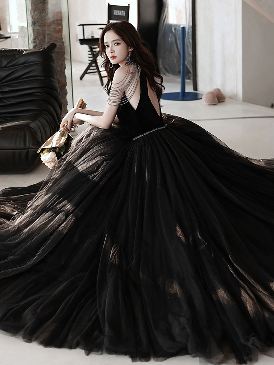 Black A line tulle beads long prom dress, black evening dress