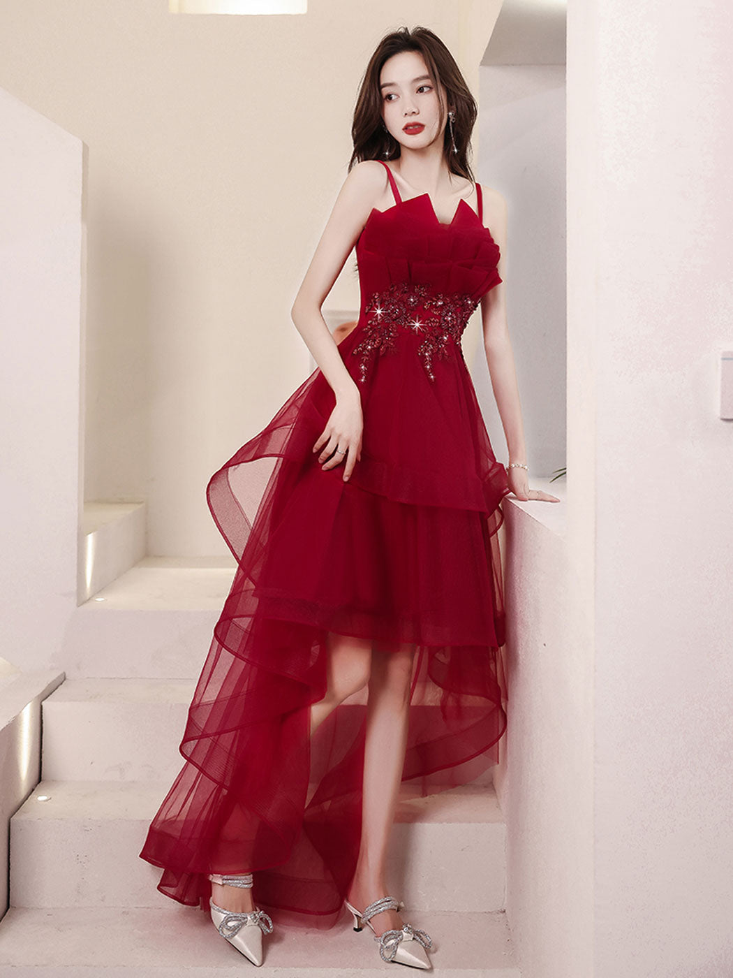 Burgundy Short Prom Dresses, High Low Burgundy Homecoming Dresses with Beading Sequin