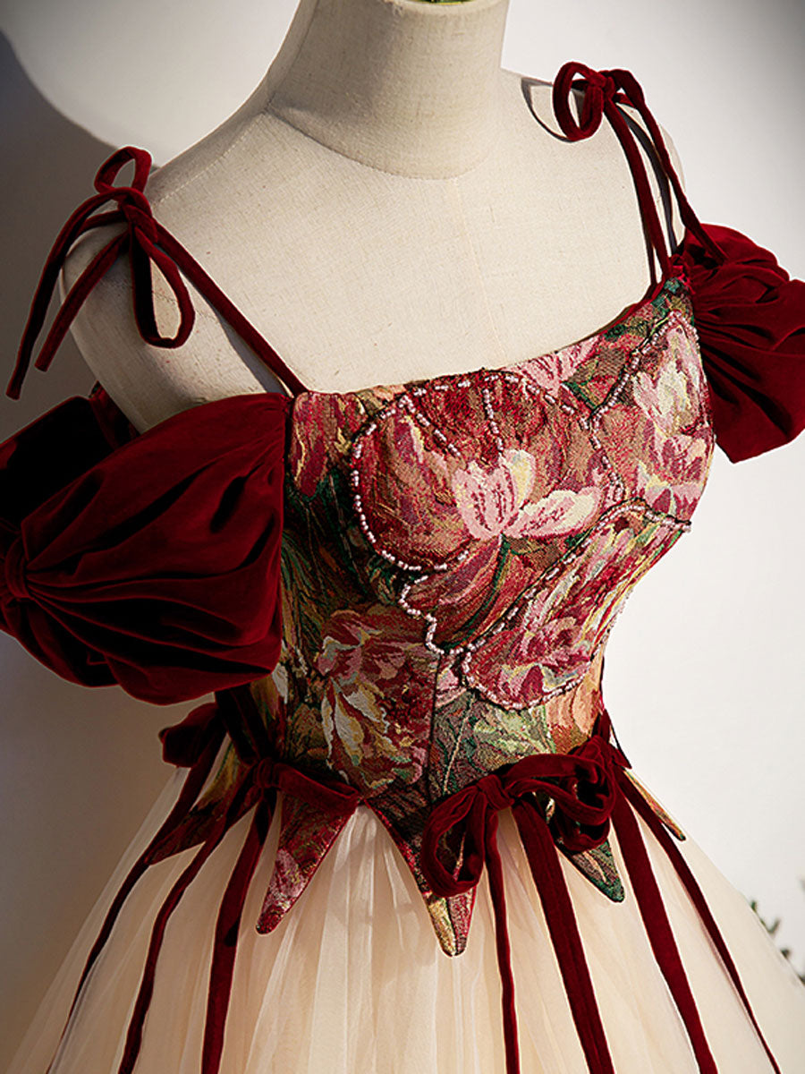 A line champagne tulle long prom dress, champagne evening dress