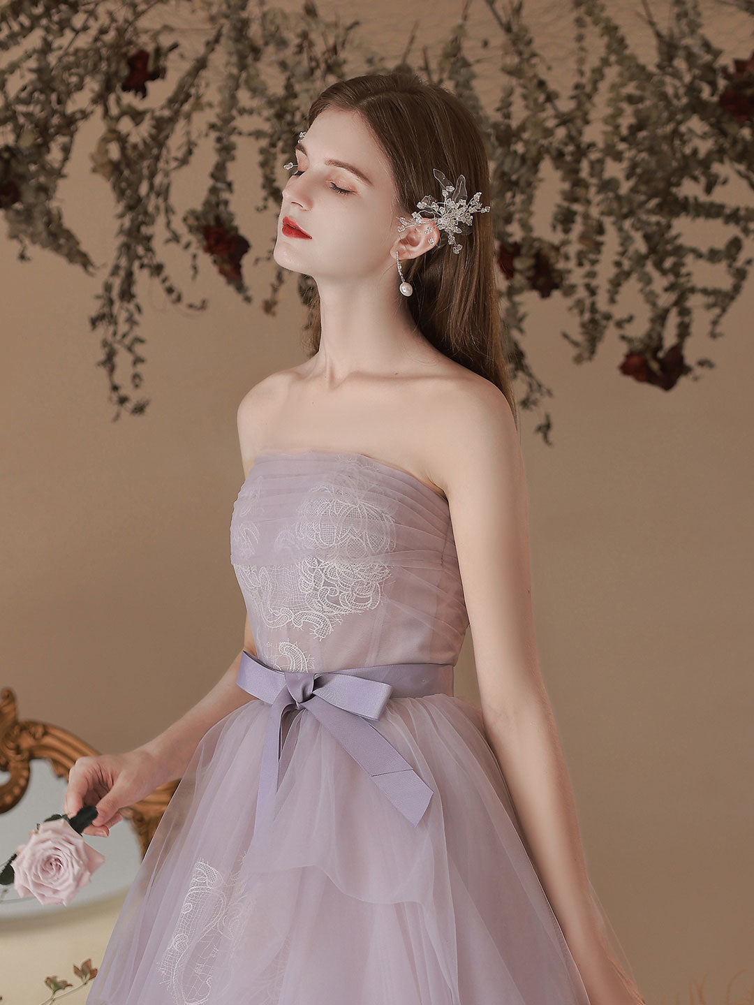 Light Purple Tulle Lace Long Prom Dresses, Purple Lace Formal Dress