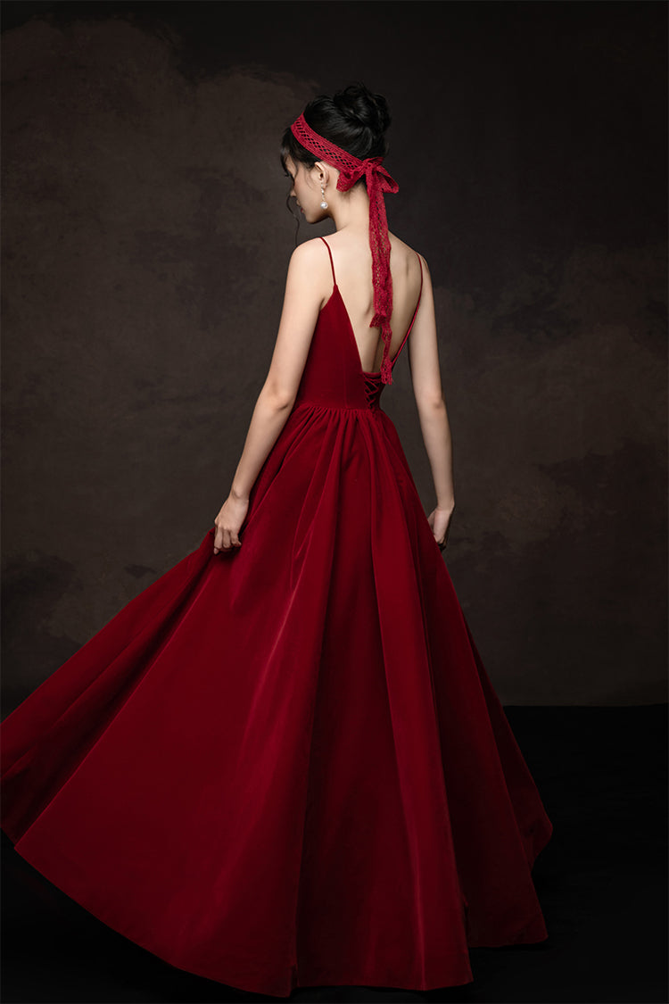 Simple v neck burgundy long prom dress burgundy bridesmaid dress