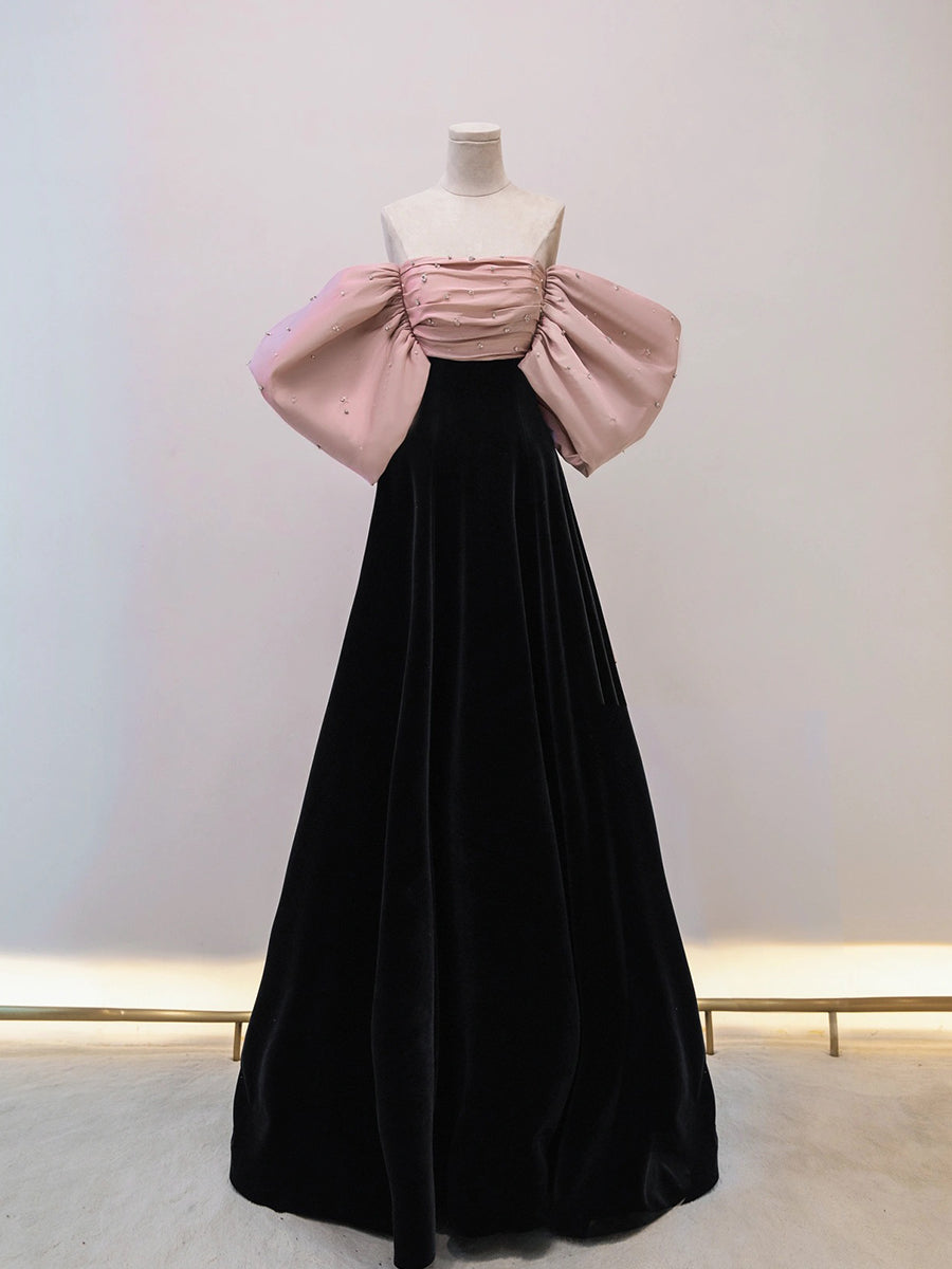 Black/pink velvet long prom dress, black long formal dress dresstby Black/pink velvet long prom dress, black long formal dress dresstby