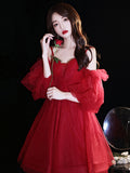 Burgundy sweetheart neck tulle short prom dress burgundy homecoming dress