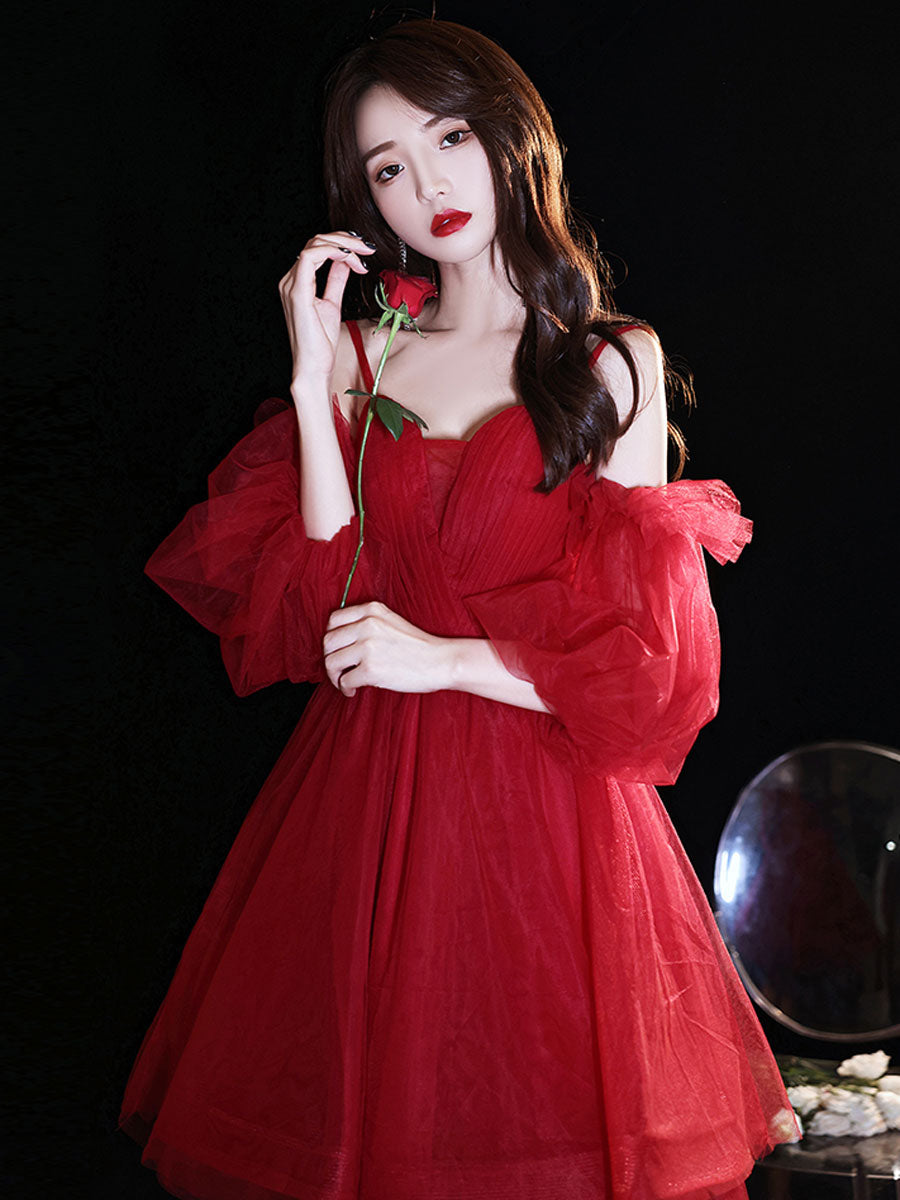 Burgundy sweetheart neck tulle short prom dress burgundy homecoming dress