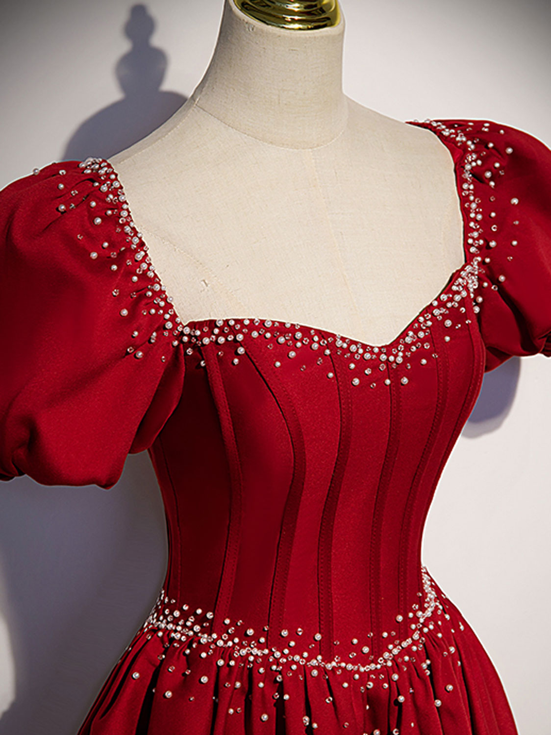 A line burgundy satin long prom dress, burgundy formal party dress