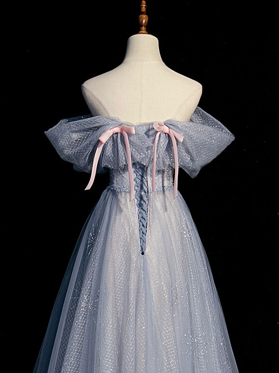 A line tulle gray blue long prom dress, gray formal dress