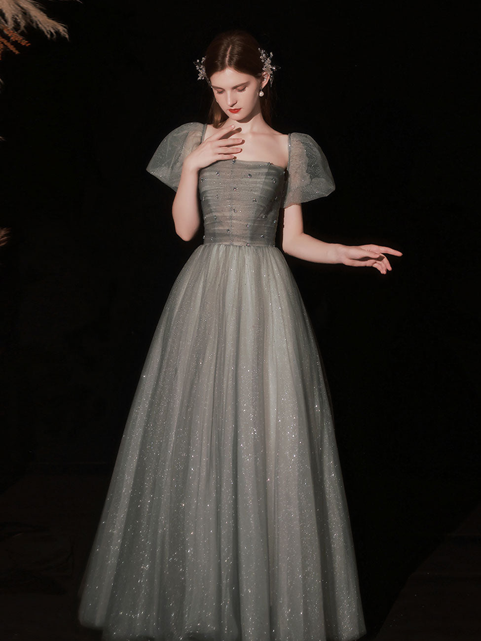 A Line Gray Long Prom Dress, Gray Tulle Sequin Graduation Dresses dresstby A Line Gray Long Prom Dress, Gray Tulle Sequin Graduation Dresses dresstby