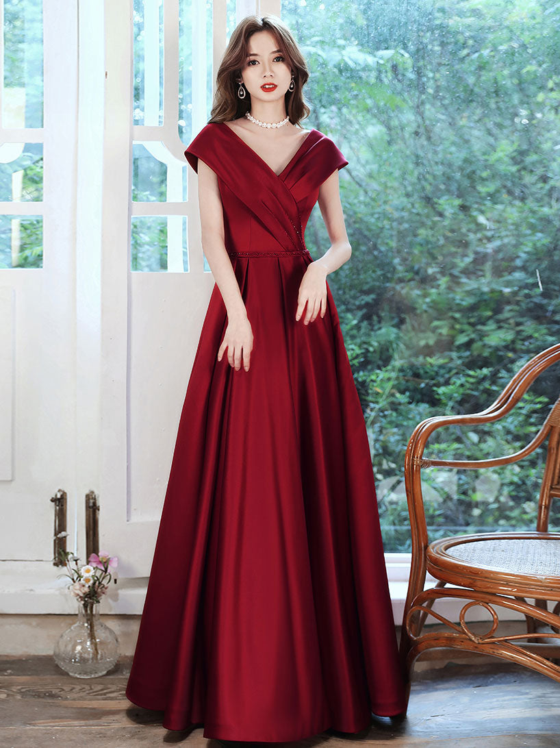 Burgundy v neck satin long prom dress, burgundy evening dress dresstby Burgundy v neck satin long prom dress, burgundy evening dress dresstby