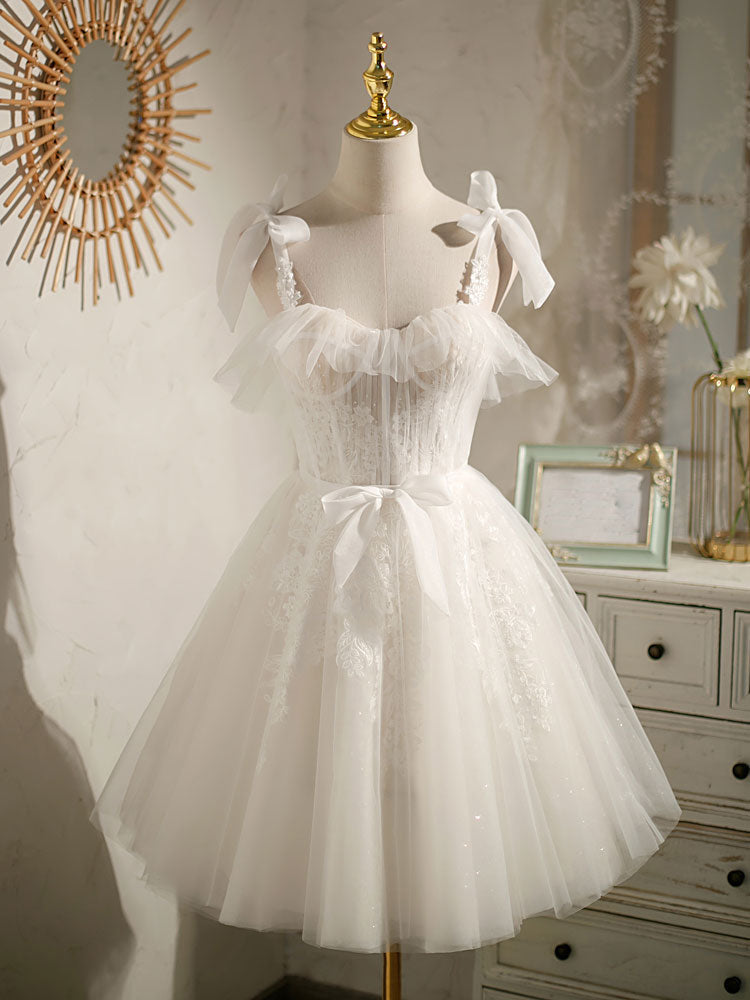 White sweetheart neck tulle lace short prom dress, white tulle homecoming dress