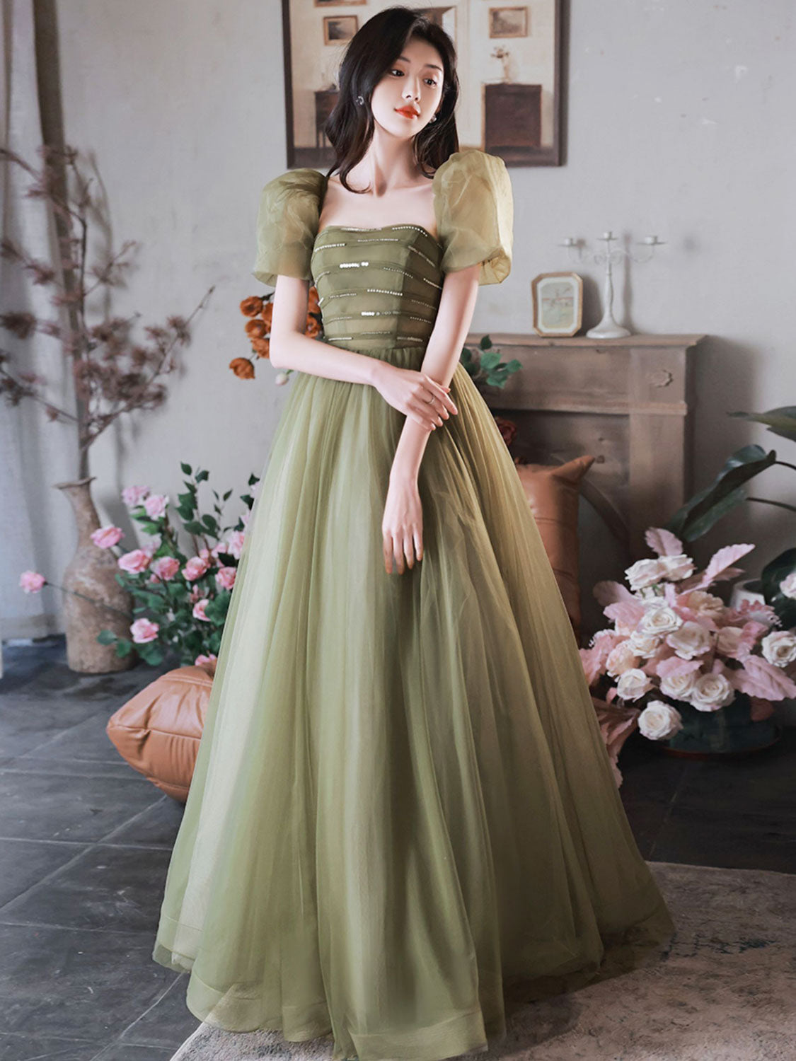 A-Line Green Sequin Tulle Long Prom Dress, Green Formal Party Dress dresstby A-Line Green Sequin Tulle Long Prom Dress, Green Formal Party Dress dresstby