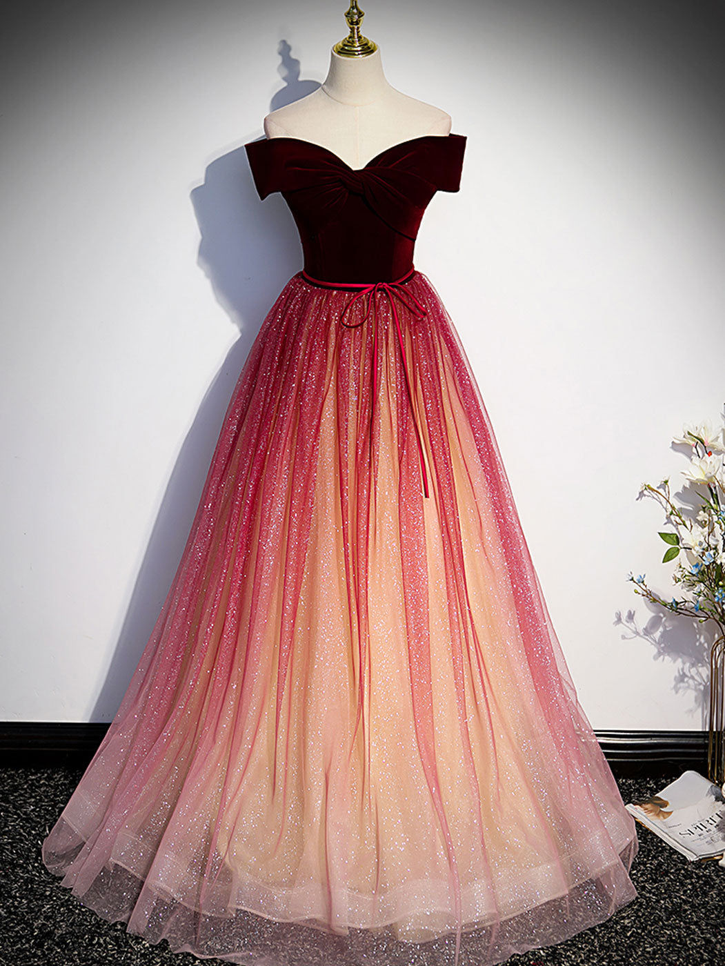 Burgundy A line tulle sequin long prom dress burgundy formal dress