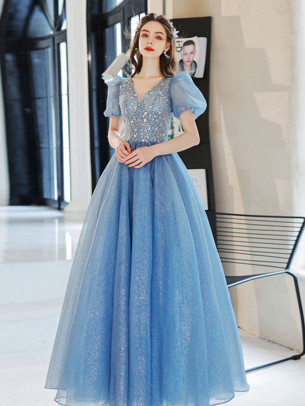 Blue A-Line V Neck Sequin Tulle Long Prom Dress, Blue Formal Evening Dresses