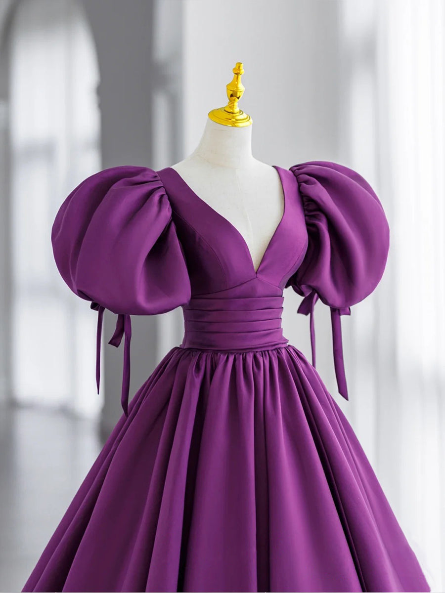 Purple V Neck Satin Long Prom Dresses, Purple Evening Dresses