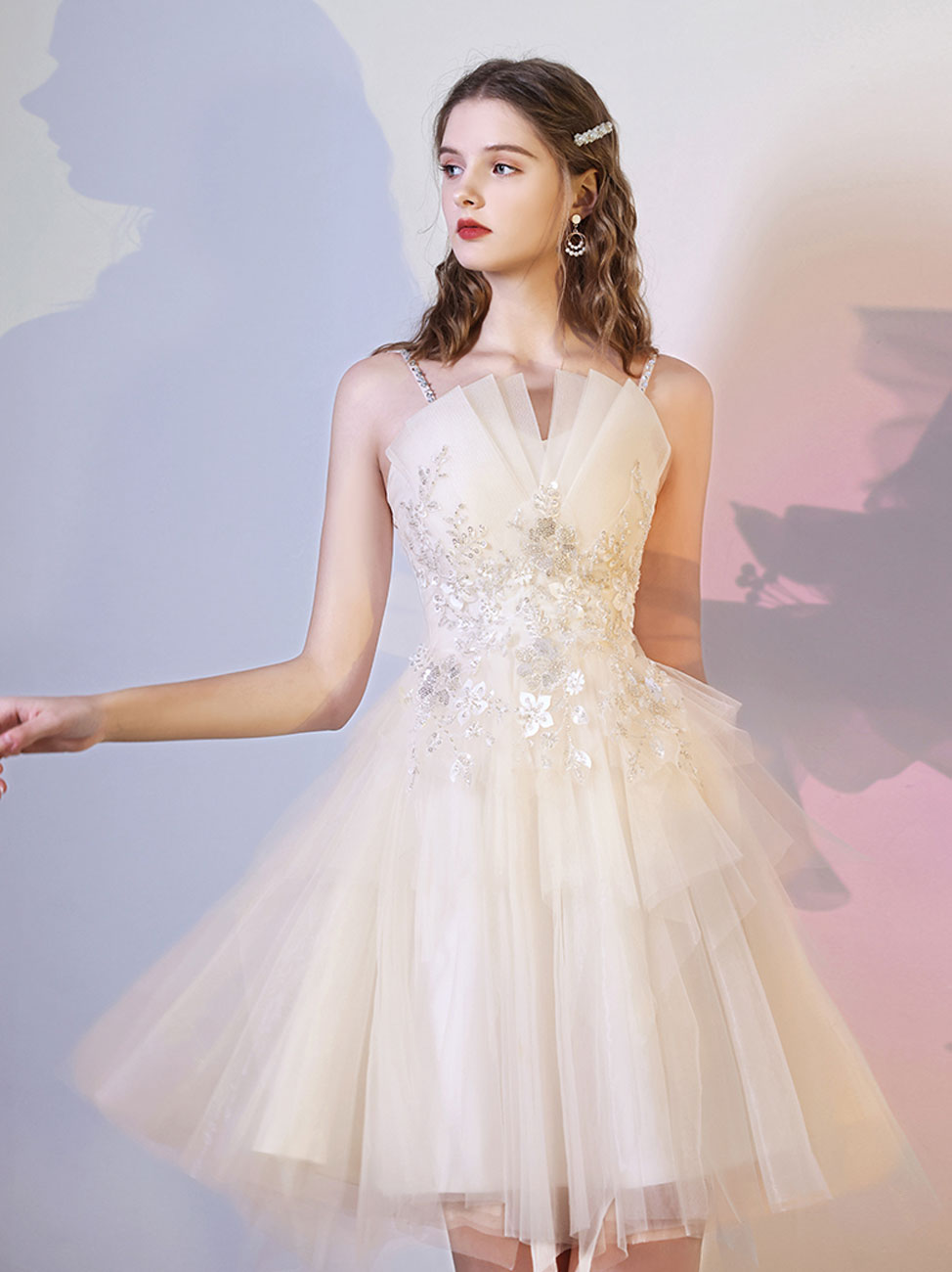 Champagne tulle lace short prom dress, lace homecoming dress – dresstby