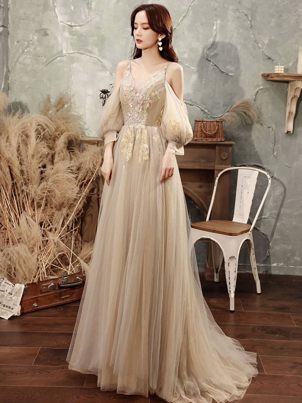 Champagne A line Tulle Lace Long Prom Dress, Lace Formal Graduation Dress