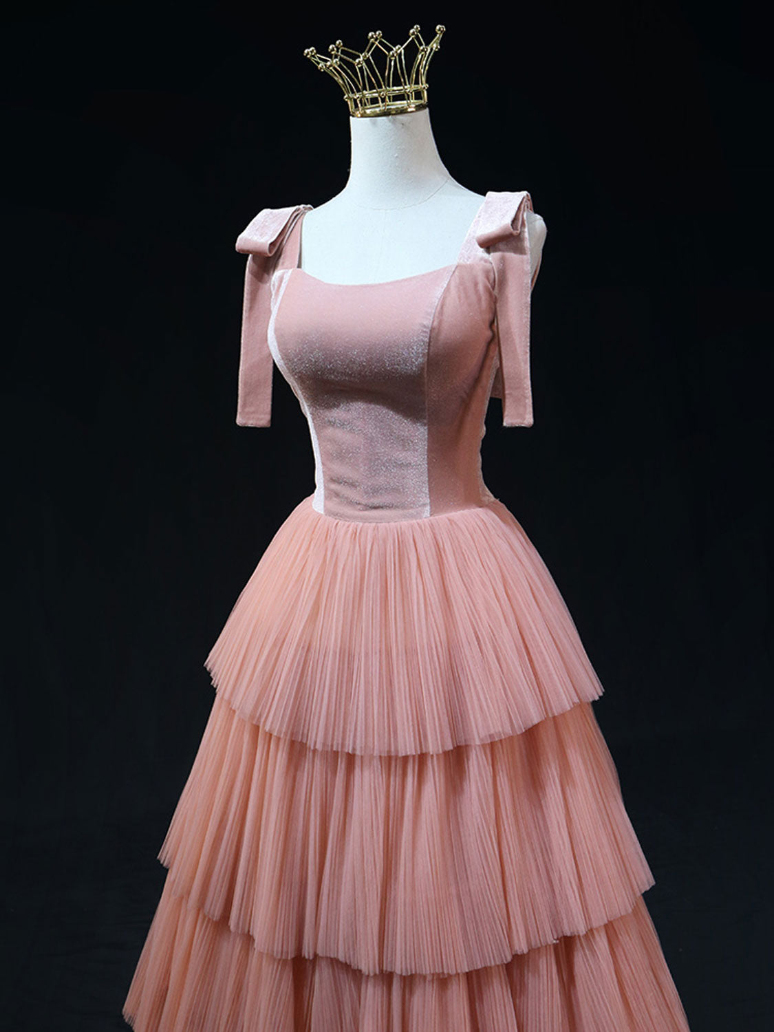 A Line Pink Tulle Long Prom Dresses, Pink Formal Evening Dresses