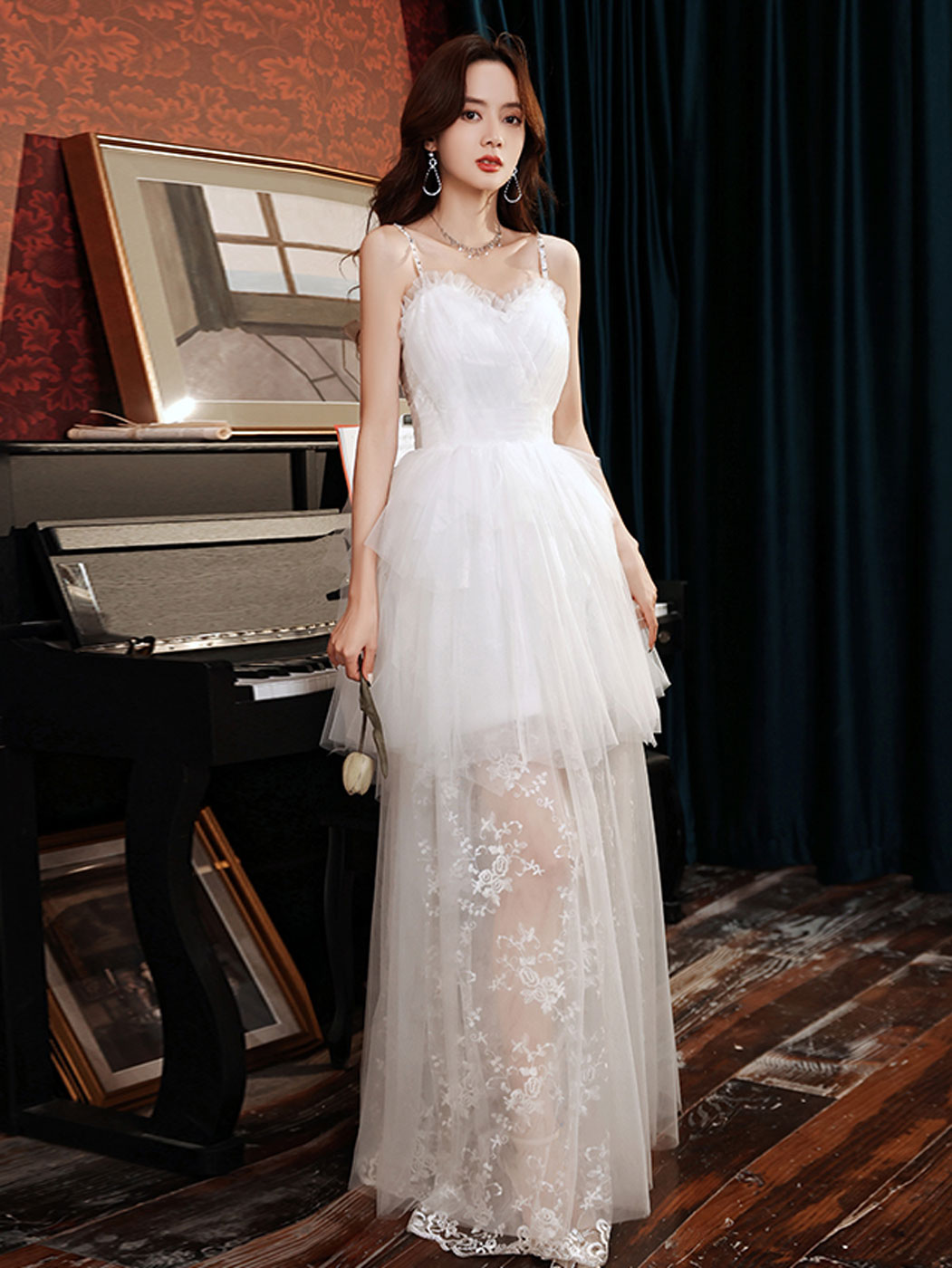 White sweetheart neck tulle lace long prom dress, white formal dress