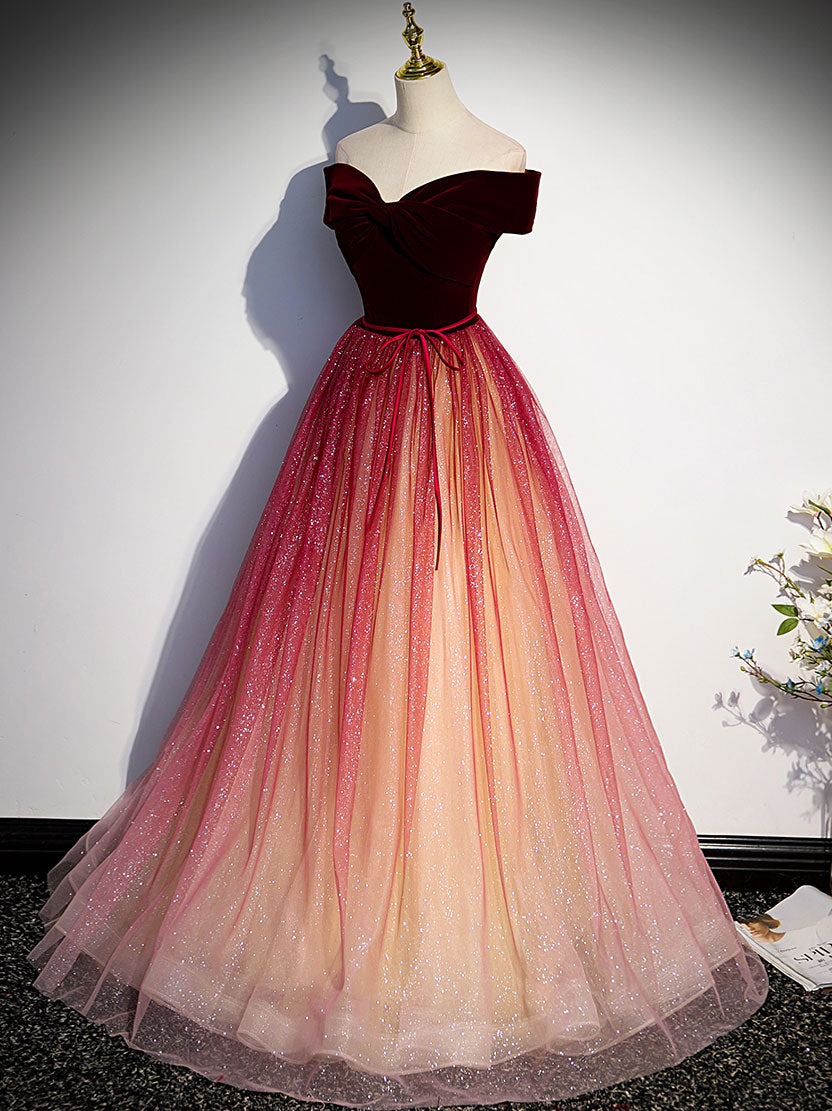Burgundy A line tulle sequin long prom dress burgundy formal dress