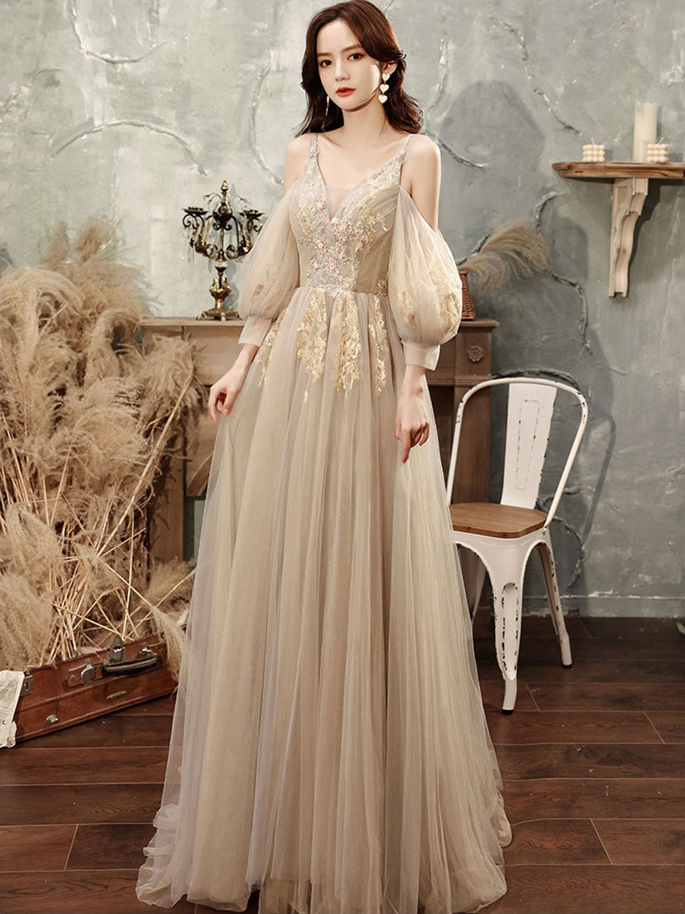 Champagne A line Tulle Lace Long Prom Dress, Lace Formal Graduation Dr dresstby Champagne A line Tulle Lace Long Prom Dress, Lace Formal Graduation Dr dresstby