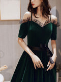 Green A line velvet long prom dress, green evening dress