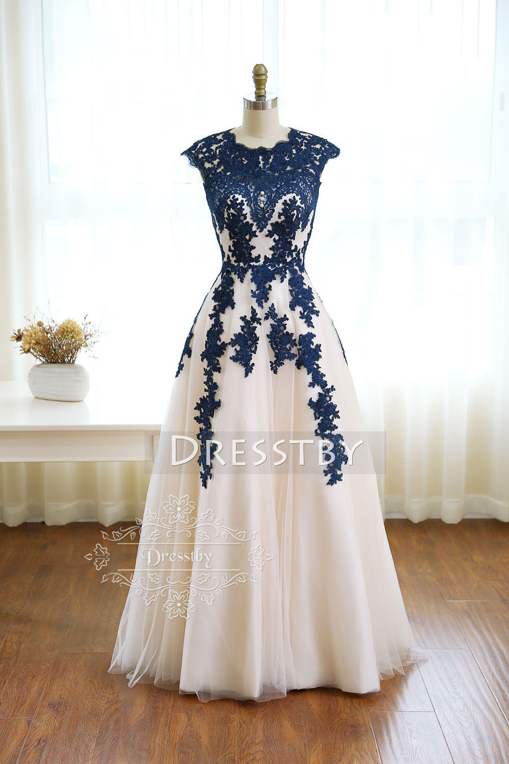Dark blue round neck tulle lace long prom dress, bridesmaid dress dresstby Dark blue round neck tulle lace long prom dress, bridesmaid dress dresstby