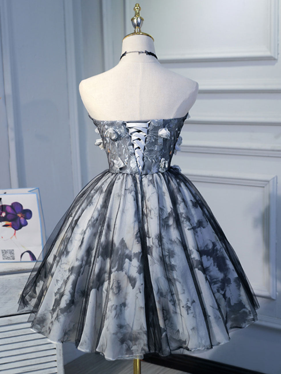 Cute Short Black Homecoming Dresses, Puffy Black Prom Dress With Beading Lace Applique