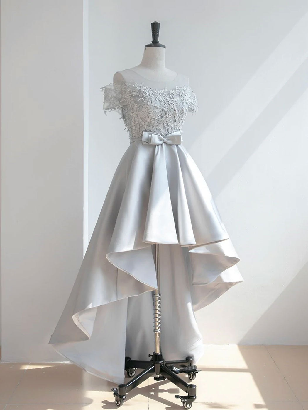 Gray Scoop Neckline High Low Lace Prom Dresses, Gray Homecoming Dresses