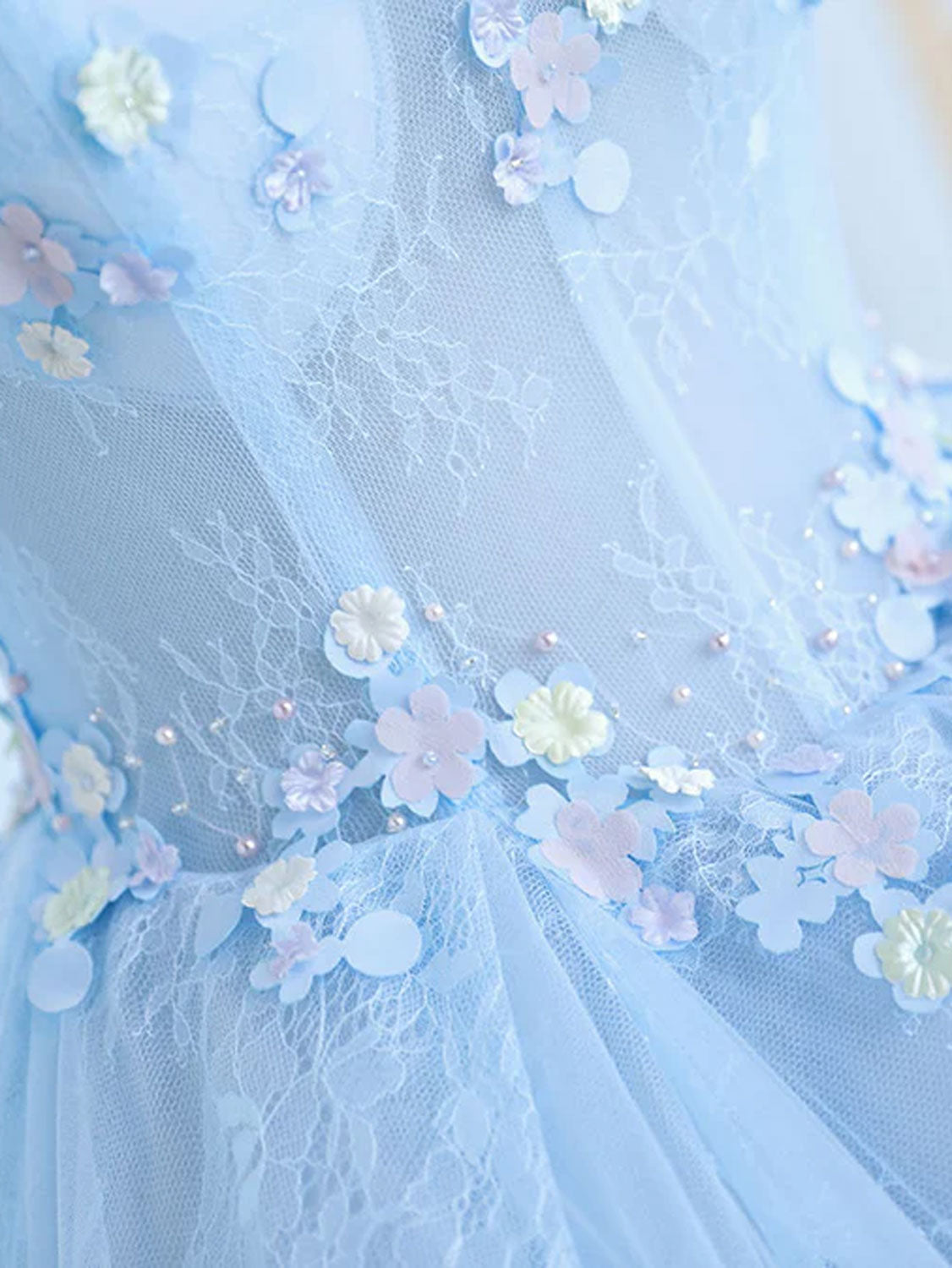A-Line Blue Tulle Lace Long Prom Dress