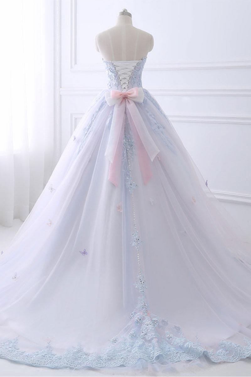 Light blue lace tulle long prom dress, evening dress