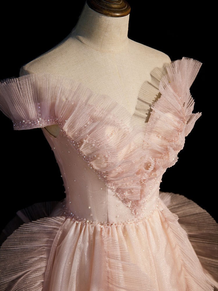 Pink v neck off shoulder long prom dress pink long evening dress