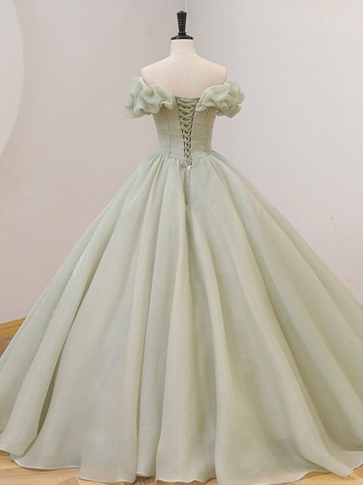 Green A-Line Long Prom Dress, Green Tulle Sweet 16 Dress with Beading Sequin