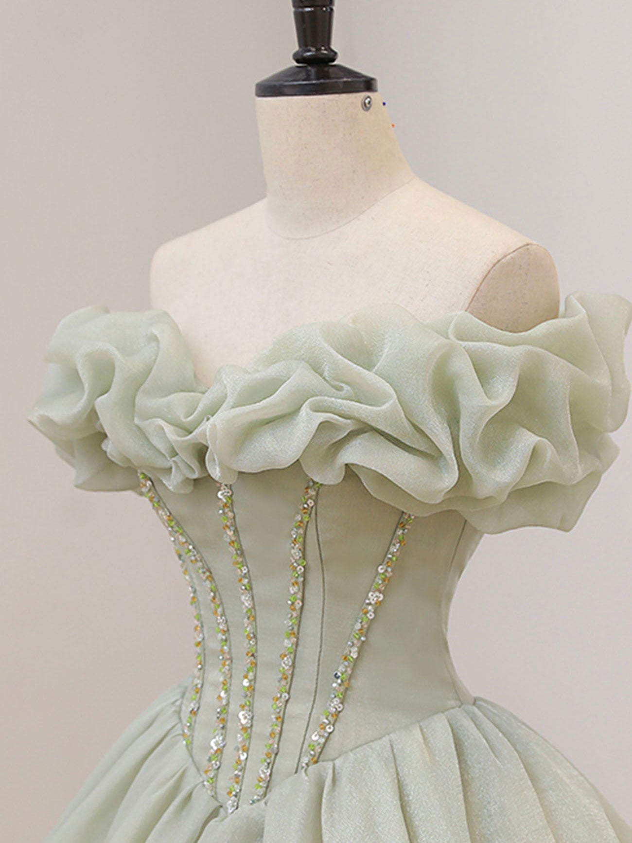 Green A-Line Long Prom Dress, Green Tulle Sweet 16 Dress with Beading Sequin
