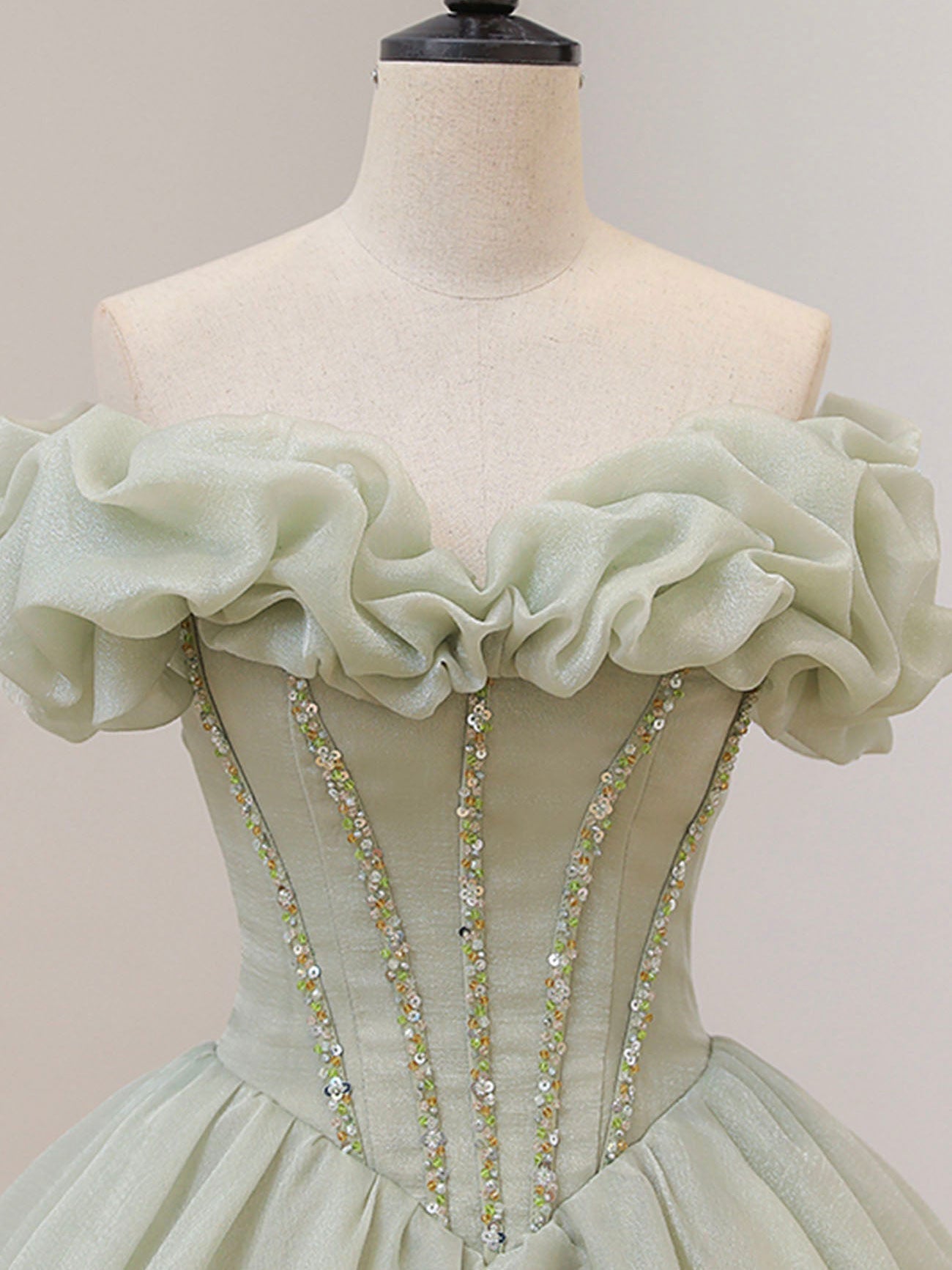 Green A-Line Long Prom Dress, Green Tulle Sweet 16 Dress with Beading Sequin