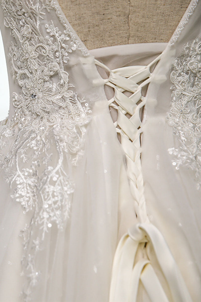 White v neck lace tulle long prom dress, wedding dress