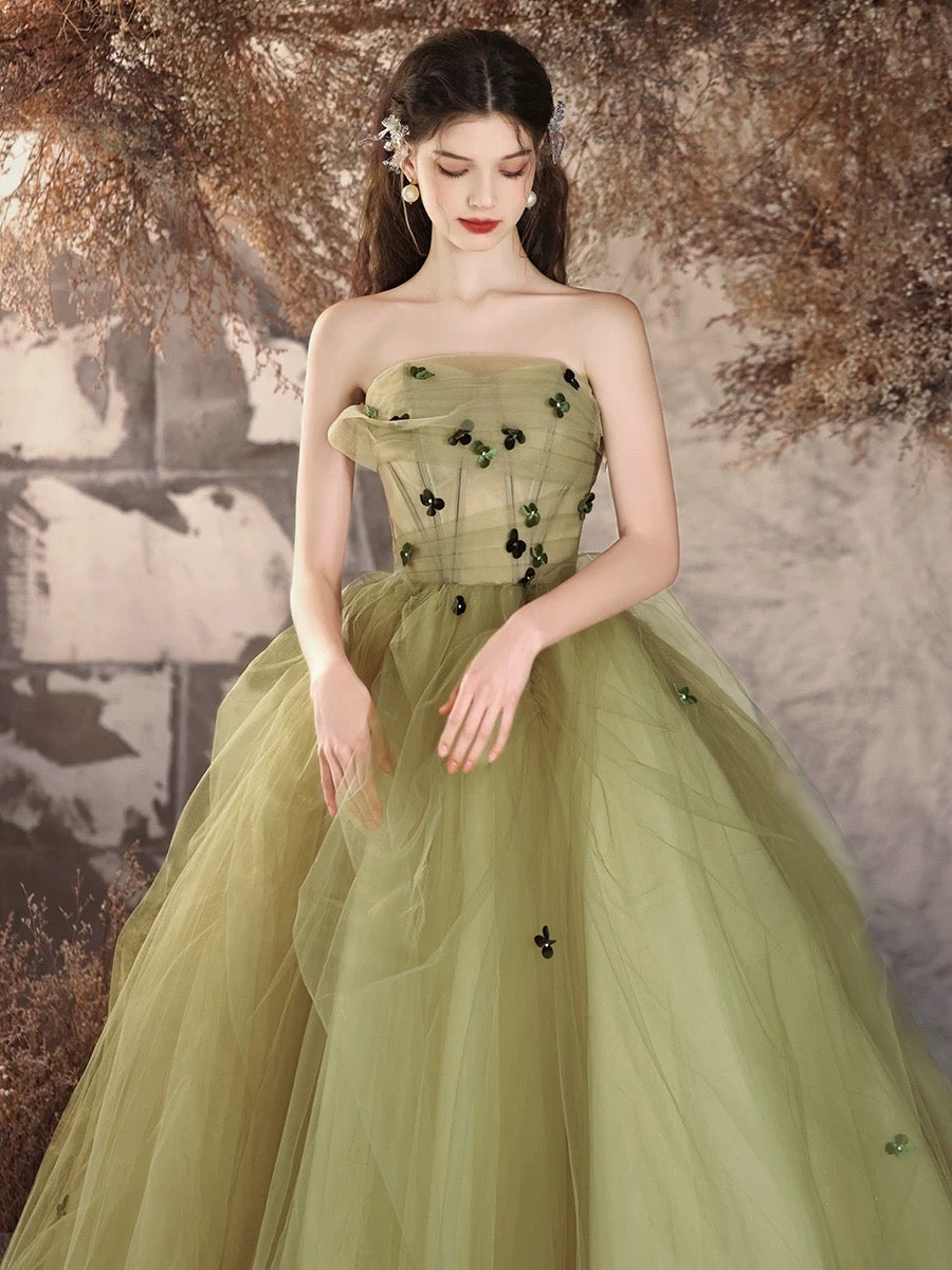 A-Line Tulle Applique Green Long Prom Dress, Green Long Evening Dress