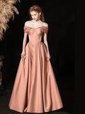 A-Line Off Shoulder Satin Pink Long Prom Dress, Pink Long Formal Dress