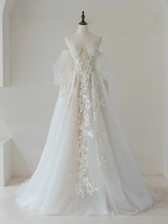 Light Champagne Tulle Lace Short Sleeves Wedding Party Dress, A-line Long Formal Dress Prom Dress
