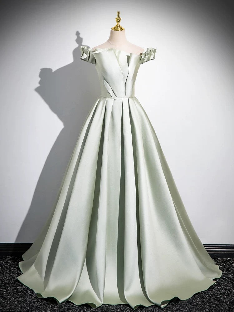 A-Line Satin Green Long Prom Dress, Green Long Formal Dress