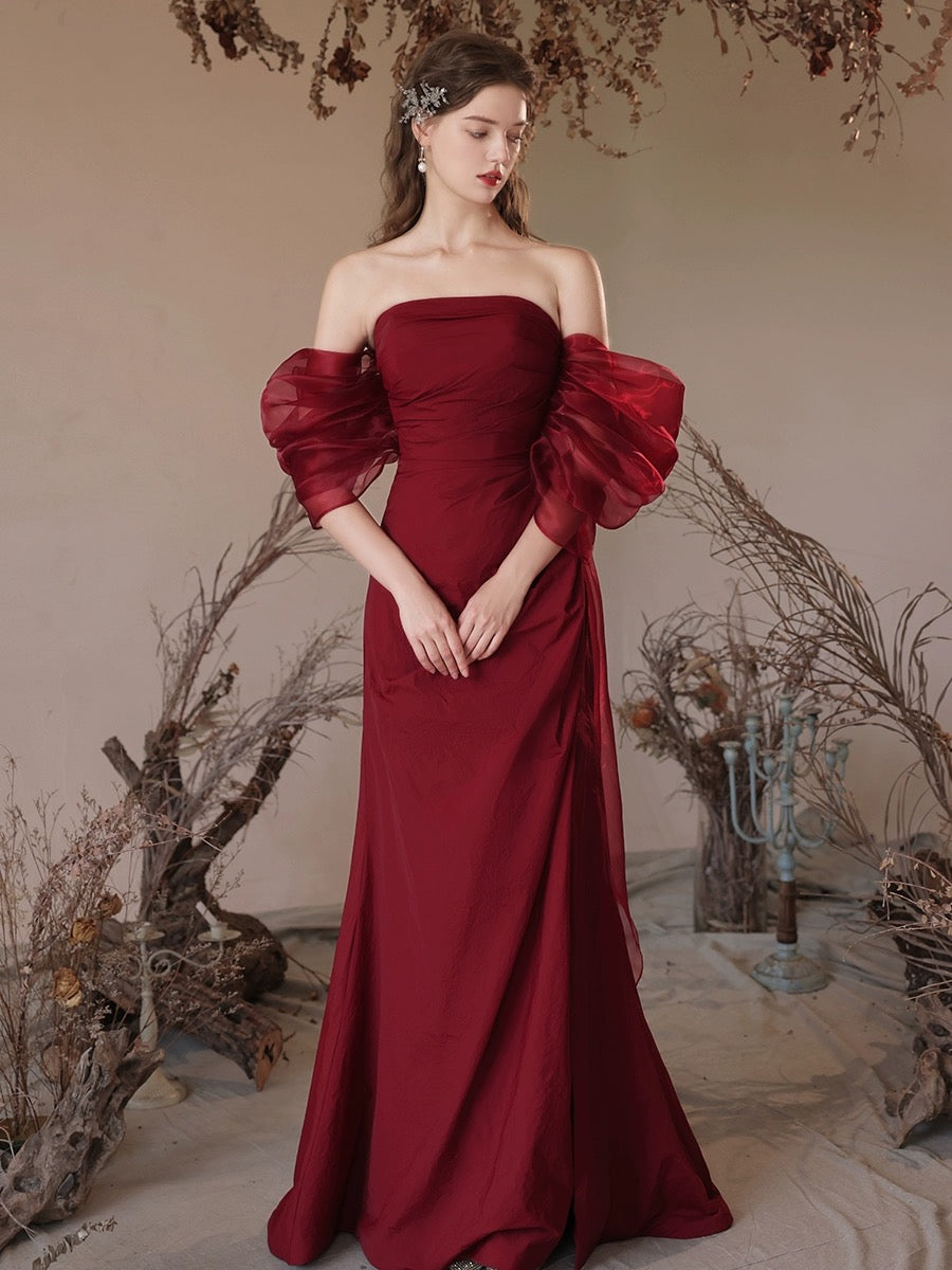 Simple Off Shoulder Satin Burgundy Long Prom Dress, Burgundy Evening Dress