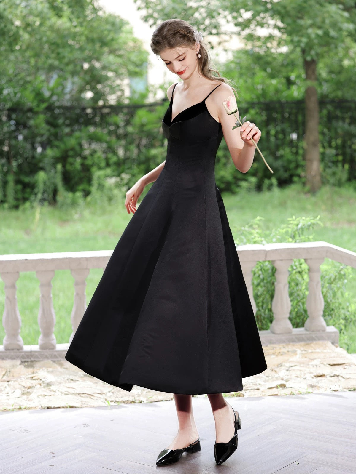 A-Line V  Neck Tea Length Satin Black Prom Dress, Black Formal Dress