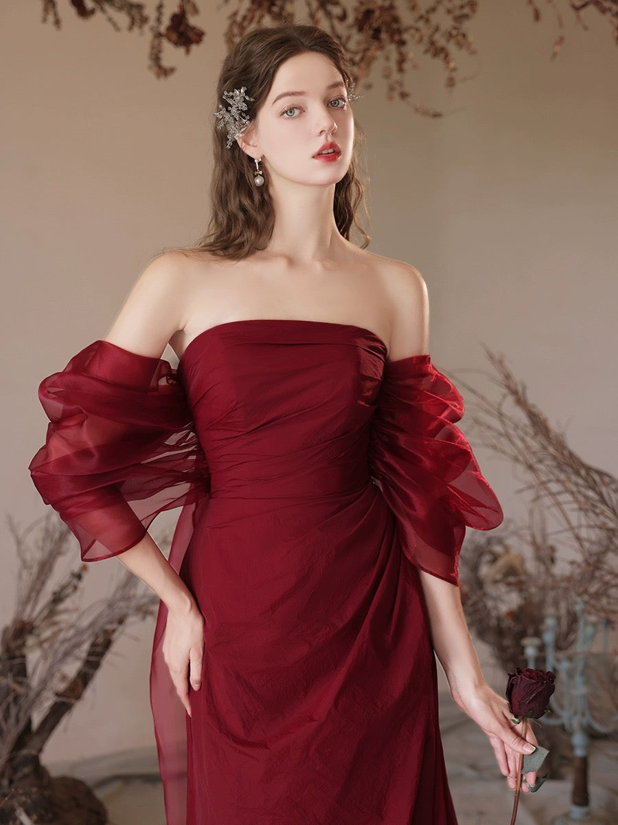 Simple Off Shoulder Satin Burgundy Long Prom Dress, Burgundy Evening Dress