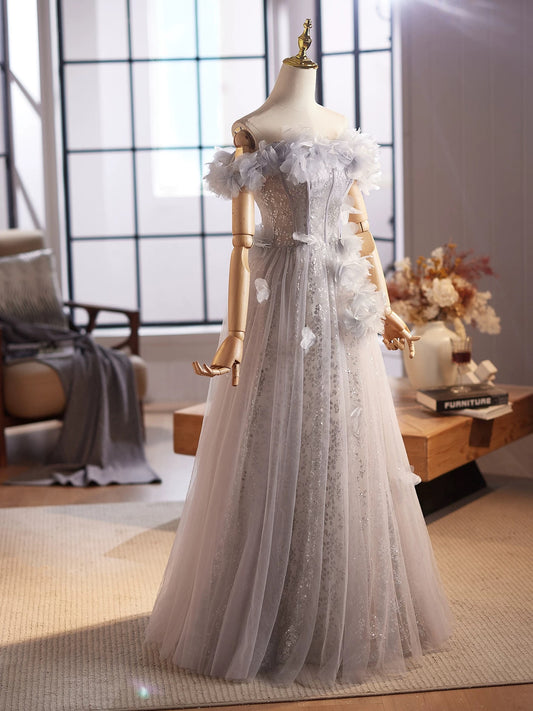 A-Line Off Shoulder Flower Tulle Gray Long Prom Dress, Gray Formal Dress