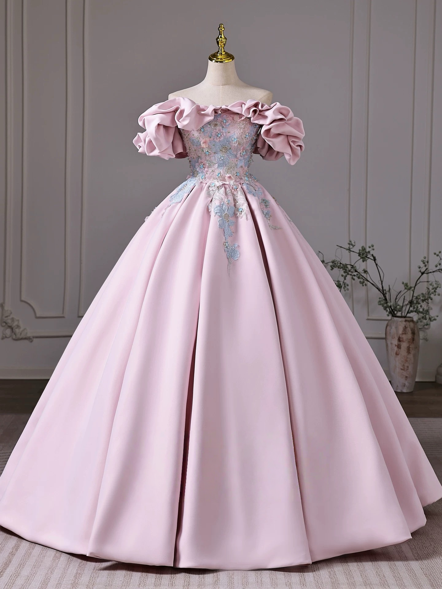 A-Line Off Shoulder Satin Lace Pink Long Prom Dress, Pink Long Evening Dress