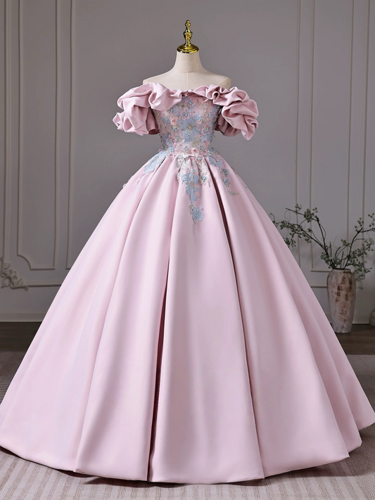 A-Line Off Shoulder Satin Lace Pink Long Prom Dress, Pink Long Evening Dress