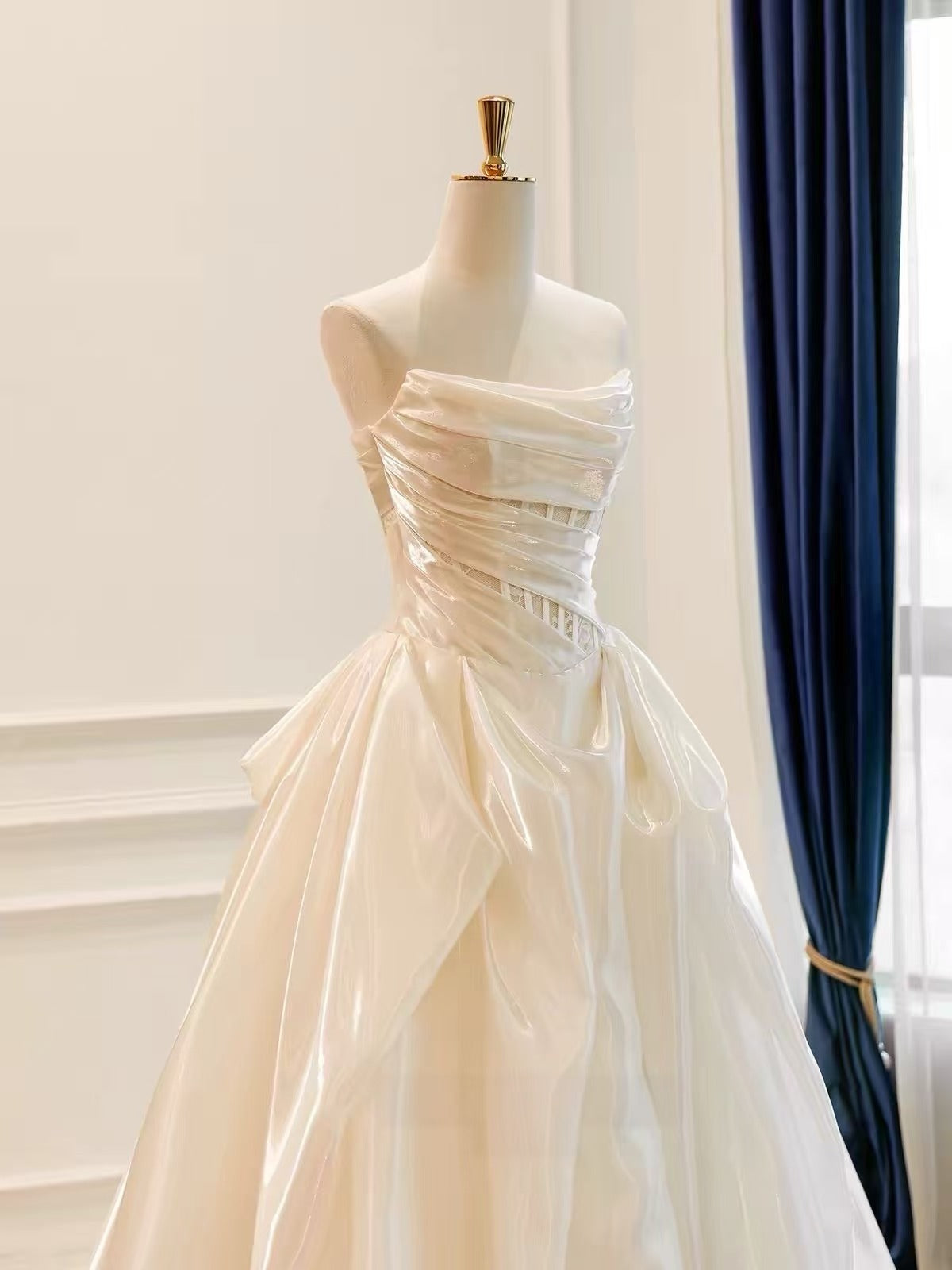 A-line Organza irregular Sweep Train Ivory Long Prom Dress
