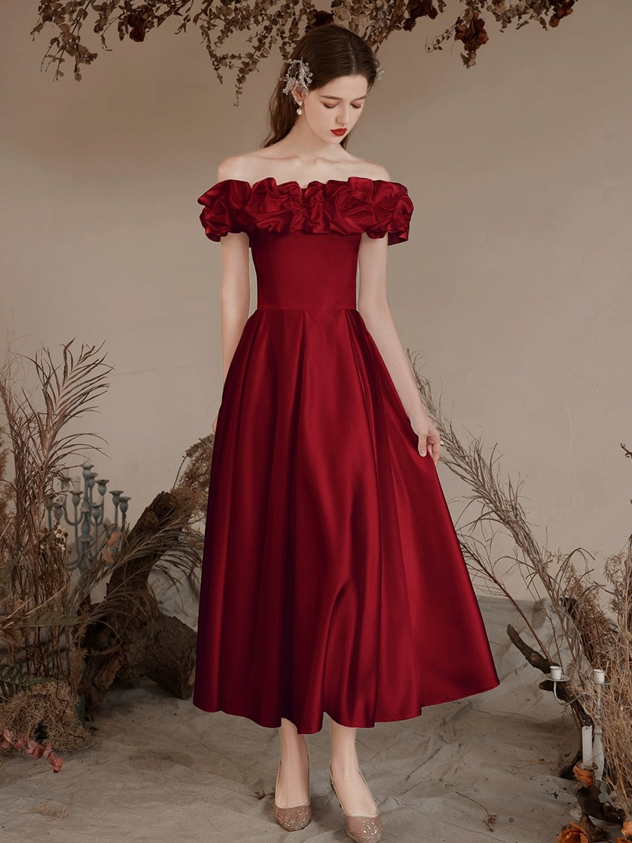 A-Line Off Shoulder Satin Tea Length Burgundy Prom Dress, Burgundy Formal Dress