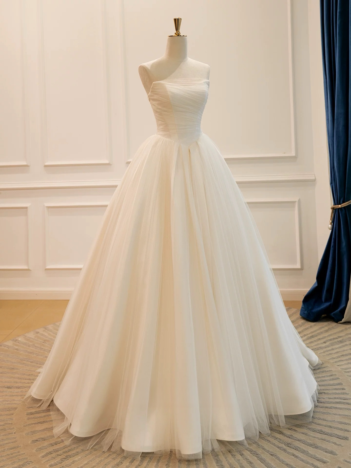 A-Line Off Shoulder Tulle Light Champagne Long Prom Dress, Light Champagne Long Formal Dress