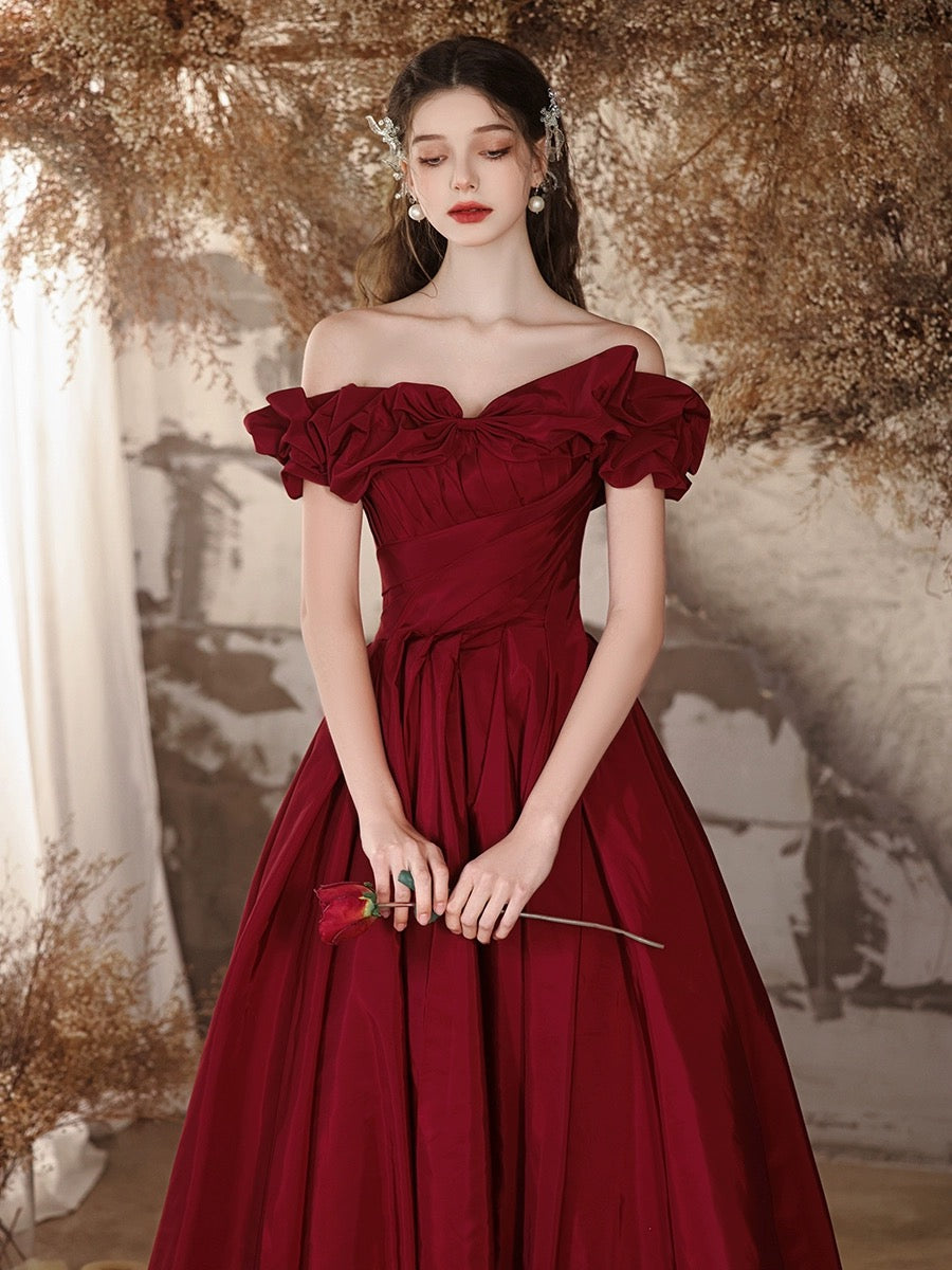 A-Line Off Shoulder Satin Burgundy Long Prom Dress